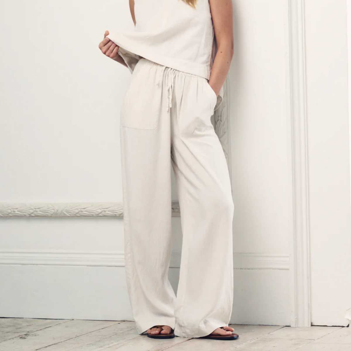 Cream Linen-blend Wide Leg Shona Trousers