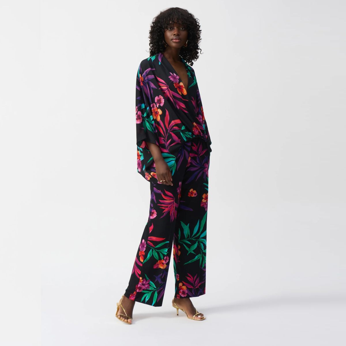 Tropical Print Wide-Leg Pants - Black/Multi