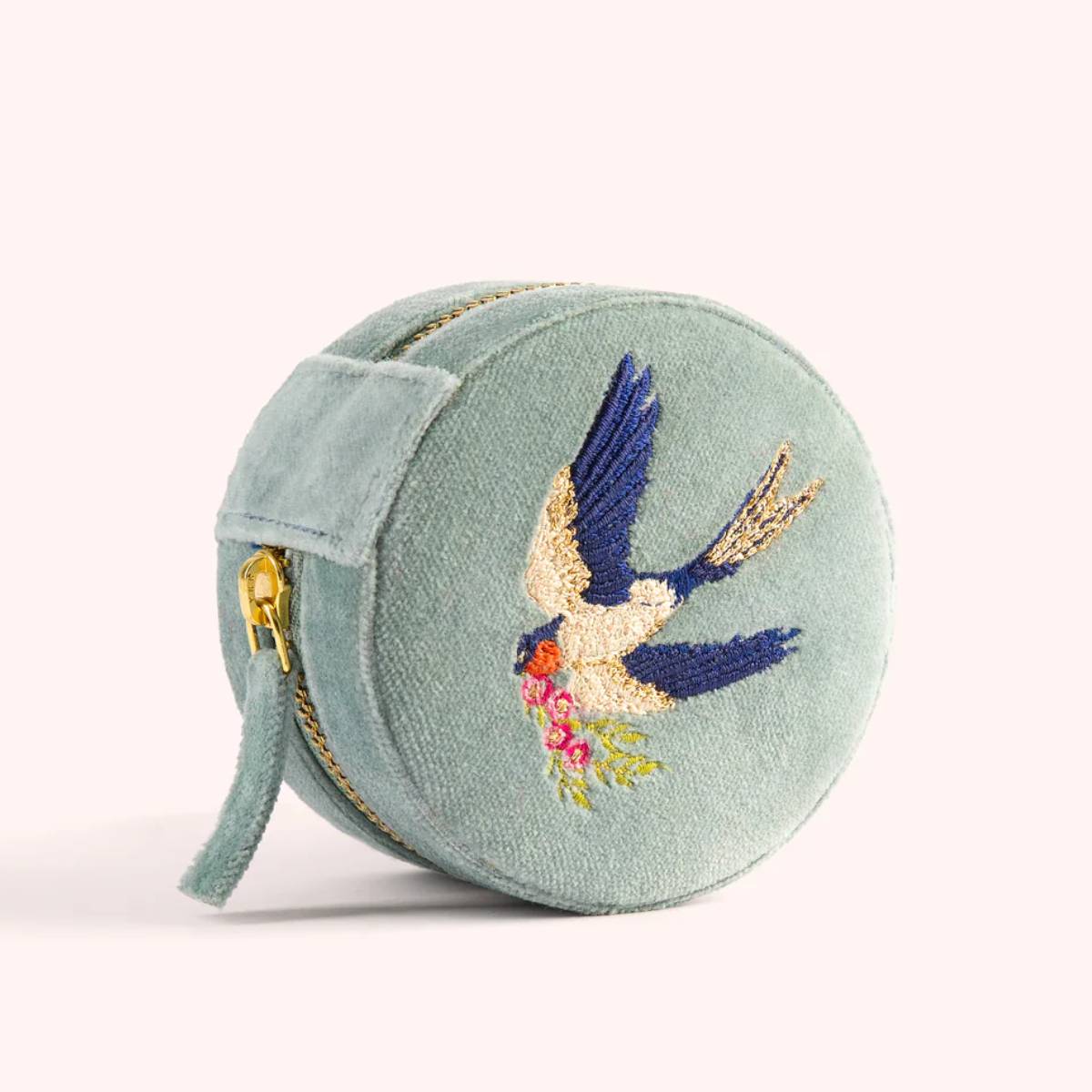 Round Velvet Jewellery Box - Swooping Swallows
