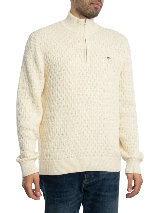 Textured Cotton Half Zip Knit Cream