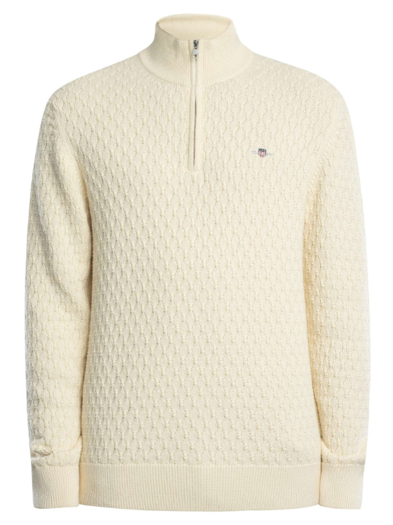 Textured Cotton Half Zip Knit Cream