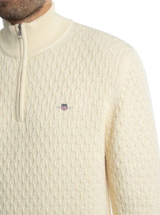 Textured Cotton Half Zip Knit Cream