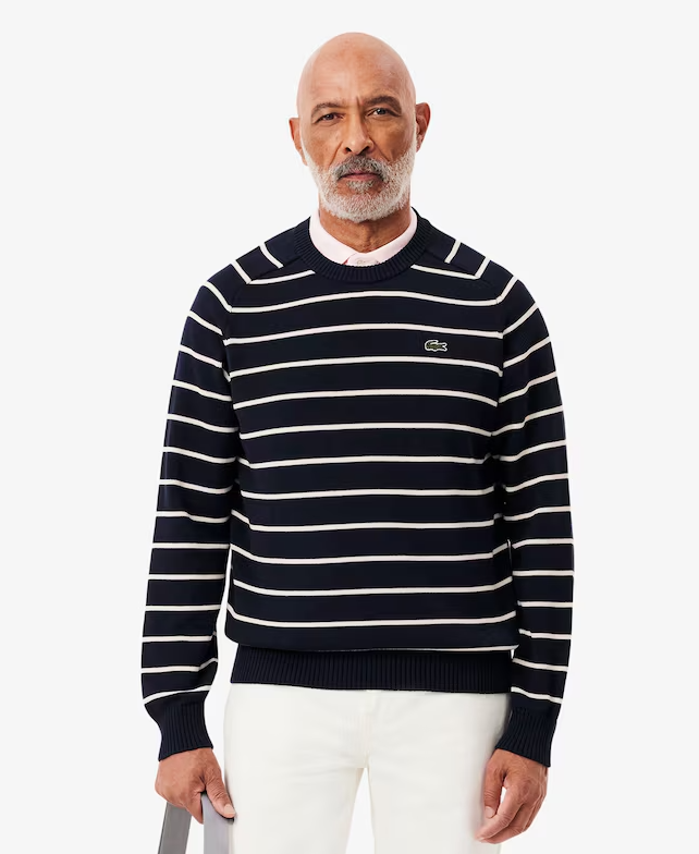 Striped 3D Knit Cotton Crew Neck Sweater Navy Blue / White