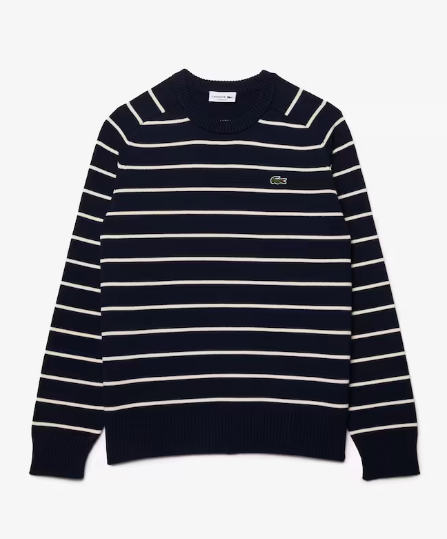 Striped 3D Knit Cotton Crew Neck Sweater Navy Blue / White