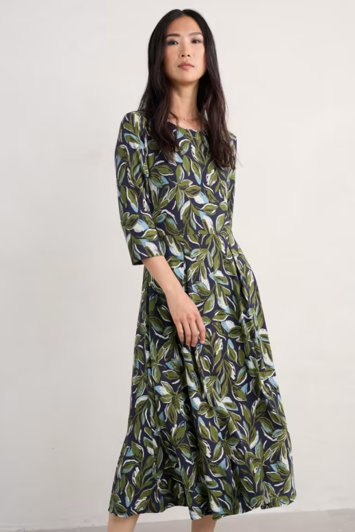 Wild Bouquet 3/4 Sleeve Midi Dress Tonal Leaves Maritime