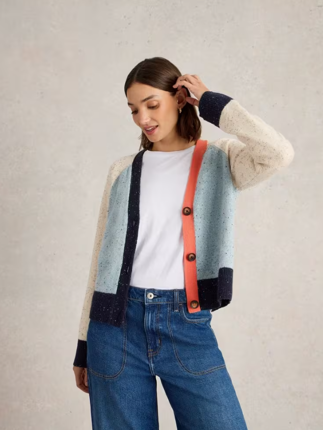 Colourblock Wool Nep Cardi Blue Multi