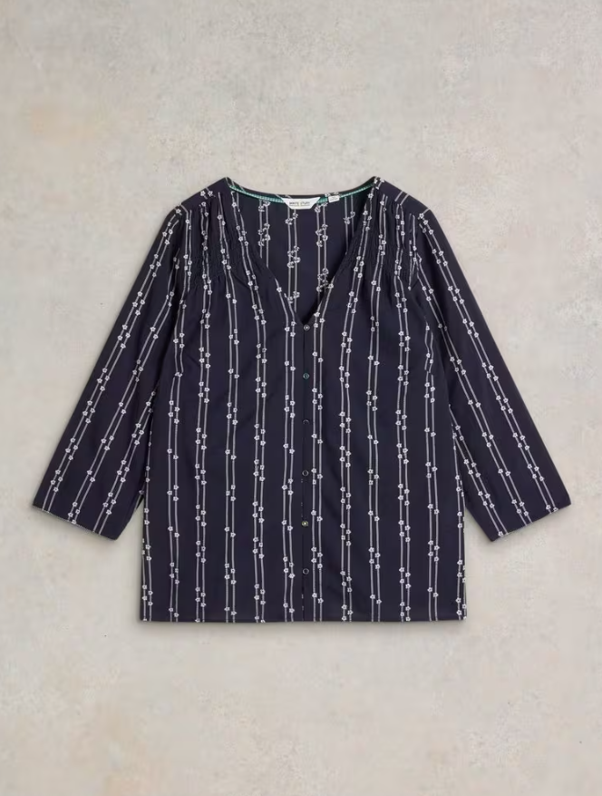 Rae Organic V Neck Cotton Top Navy Multi