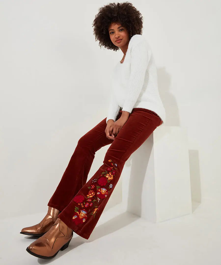 Extraordinary Embroidered Cord Trousers Rust