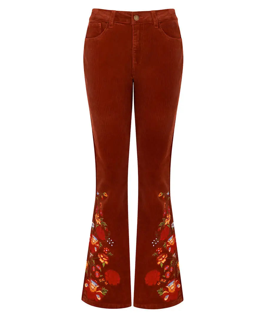 Extraordinary Embroidered Cord Trousers Rust