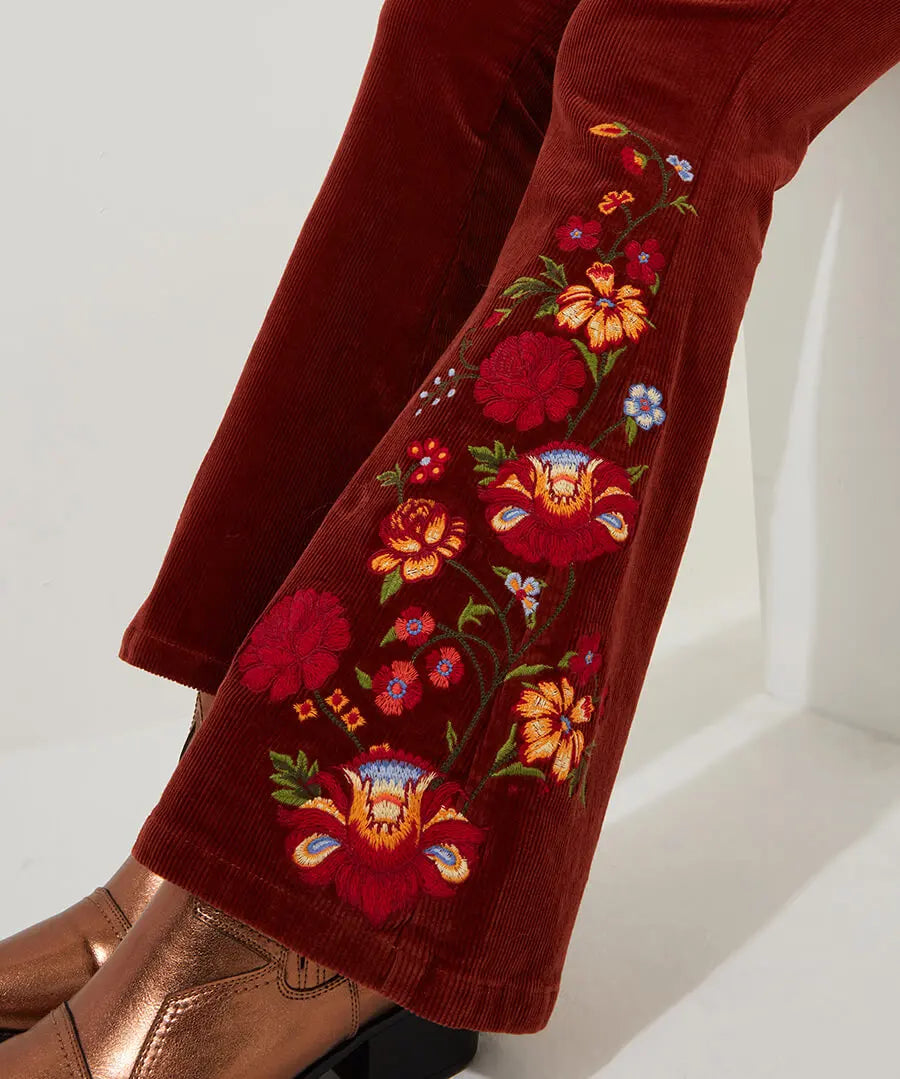 Extraordinary Embroidered Cord Trousers Rust