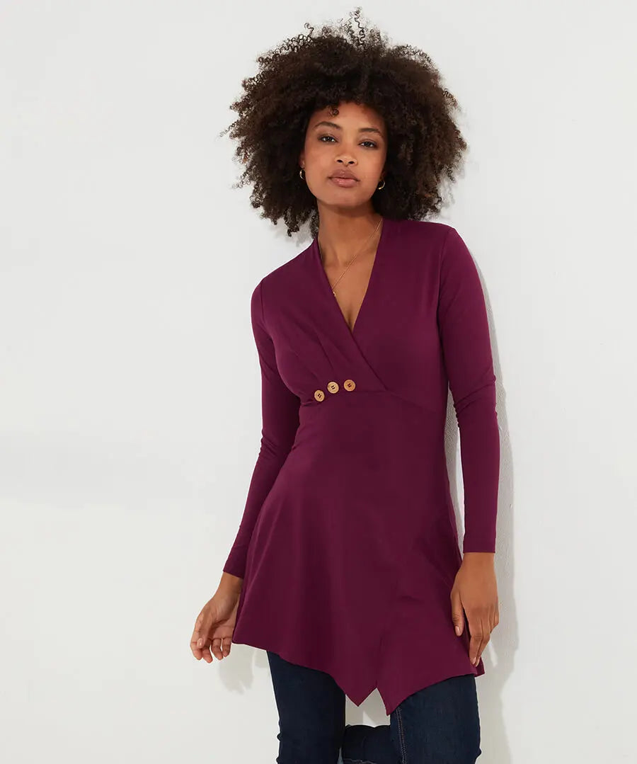 Button Detail Jersey Tunic Top Berry