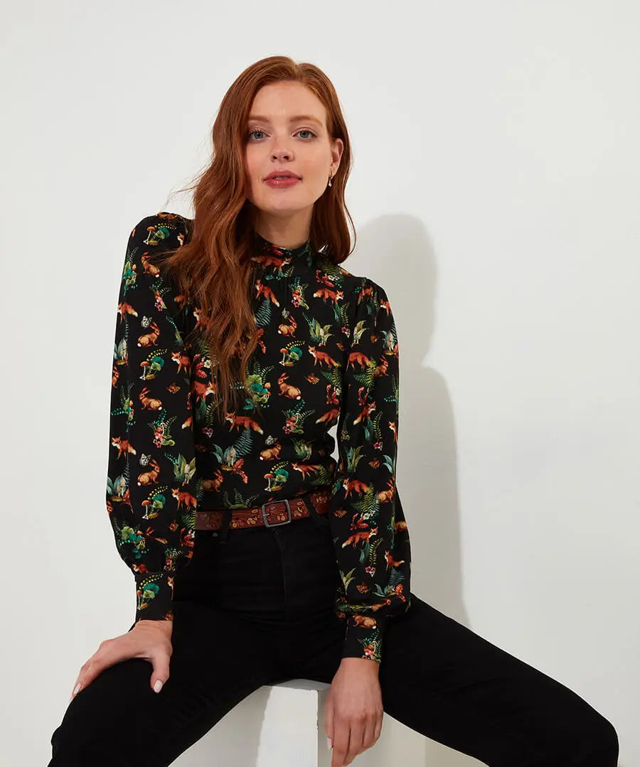 Woodland Wonder Jersey Print Top Black