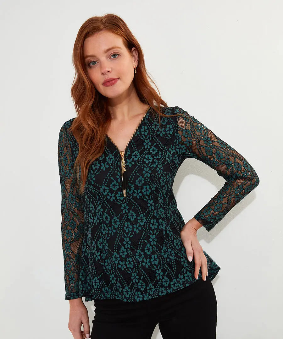 Georgie Lace Zip Top Teal